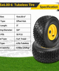 Two Pack 15x6.00-6 Lawn Mower Tire And Wheel Set For Front Replacement On Most 100 And 300 Series Riding Mowers, side view