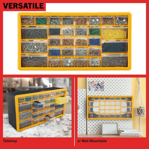 30 Drawer Plastic Small Parts Organizer Yellow Desktop Or Wall Storage For Hardware, Crafts, Garage Or Classroom