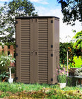 All Weather Outdoor Storage Cabinet For Backyards And Patios, Multi Purpose Horizontal Shed in garden setting