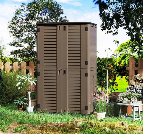 All Weather Outdoor Storage Cabinet For Backyards And Patios, Multi Purpose Horizontal Shed in garden setting