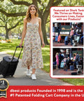 Woman using ultra compact cooler cart with wheels folds flat for easy storage holds 36 cans insulated leak proof trolley for travel.