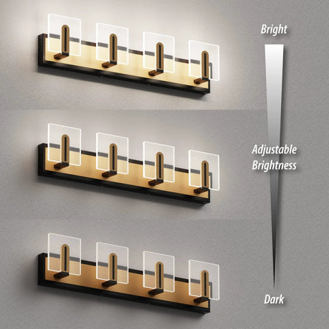 Sleek 28.35-Inch LED Vanity Light In Black And Gold With Clear Bubble Glass Shades 4000K Neutral White Damp Rated Four Light Bath Fixture