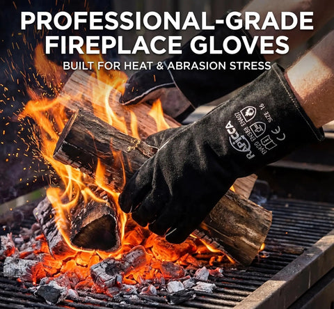 Heat Resistant Fireplace Gloves 14 Inch Fireproof Leather For Fireplace Fire Pit Wood Stove Campfire BBQ Grill Welding