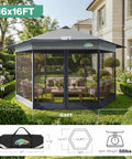 16x16 Pop Up Gazebo Hexagon Canopy Tent With Mosquito Netting in a backyard setting, offering 256 sq ft shade and adjustable height.