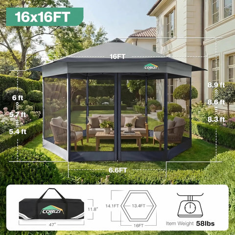 16x16 Pop Up Gazebo Hexagon Canopy Tent With Mosquito Netting in a backyard setting, offering 256 sq ft shade and adjustable height.