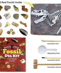 Fossil Dig Kit For Kids with 15 real fossils, including dinosaur bones and shark teeth, tools, and learning guide displayed.