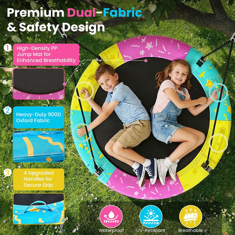 Two children on All Weather Saucer Swing For Kids And Grownups, 43 Or 48 Inch Backyard Or Playground Swing With Tree Hang Kit, 900 Lb Weight Capacity, ASTM F963-23 Approved