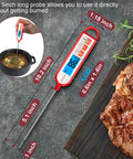 Digital Meat Thermometer With Instant Read In 1 To 2 Seconds Waterproof Food Thermometer With A 5.1 Inch Extra Long Probe showing LCD display on a steak.
