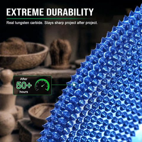 Close-up of Premium Tungsten Carbide Carving Wheel For Angle Grinder showcasing blue aggressive blades and durability features.