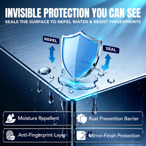 Stainless Steel Cleaner And Polish 10oz Cleans Polishes And Protects Kitchen Appliances Like Refrigerators Sinks Ovens And Grills With A Residue Free Streak Free Shine No Greasy Residue Left Behind For A Brand New Look - shield represents protection against moisture and fingerprints