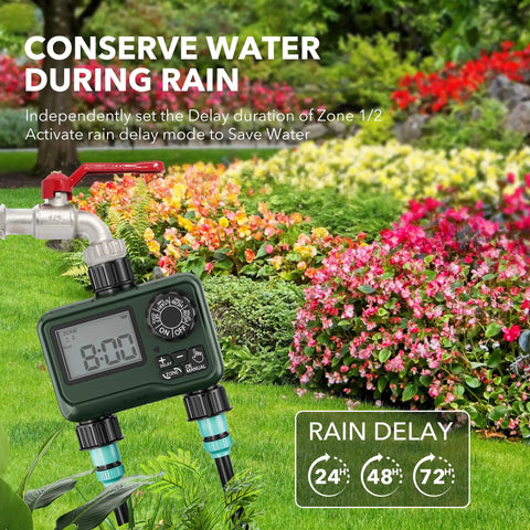 2 Zone Programmable Sprinkler Timer With Rain Delay for Outdoor Lawn irrigation, waterproof controller, LCD display in garden