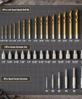 16-piece left hand cobalt drill bits, 13-piece screw extractor set, and 6-piece spiral screw extractor on a grid display board.