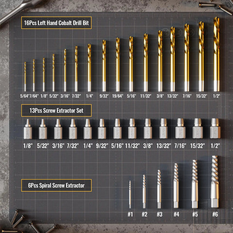 16-piece left hand cobalt drill bits, 13-piece screw extractor set, and 6-piece spiral screw extractor on a grid display board.