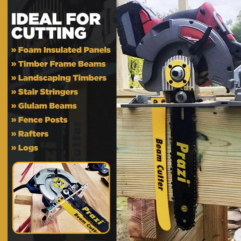 12 Inch Beam Cutter Attachment For Circular Saws - Fits Seven And A Quarter Inch Saws, Non-Worm Drive, Boost Depth From Two And A Half Inches To Twelve Inches, Yellow Black, mounted on a circular saw, cutting through wood.