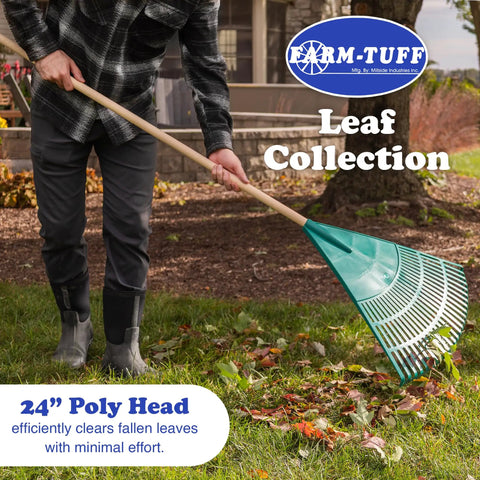 Person using Extra Wide 24 Inch Leaf And Lawn Rake With 48 Inch Hardwood Handle For Quick Yard Cleanup, Heavy-Duty Poly Head With 26 Reinforced Tines, Smooth Sweep For Lawns, Gardens, And Debris Removal on grass