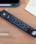 Six Outlet Power Strip With 6 Ft Extension Cord 4 Pack Heavy Duty Flat Plug Grounded Built In Circuit Breaker 3 Prong Wall Mount UL Listed Black