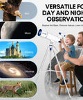 Man and child using High Powered 90mm Aperture 550mm Focal Portable Refractor Telescope For Adults And Kids Beginners in backyard