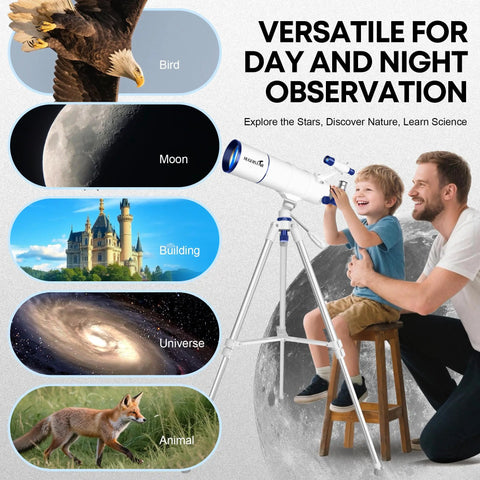 Man and child using High Powered 90mm Aperture 550mm Focal Portable Refractor Telescope For Adults And Kids Beginners in backyard