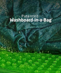 Close-up of the Heavy Duty Travel Laundry Sack Featuring Slick Inner Washboard Grooves with bubbles and water for cleaning.