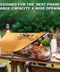 5 In 1 Pro Grade Grill Tools Set With Insulated Meat Resting Blanket with roast meat, outdoor setting