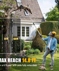 Man using Cordless Pole Saw With 20V Max Battery Compatibility, 14.8 Ft Reach Electric Pole Saw trimming a tree