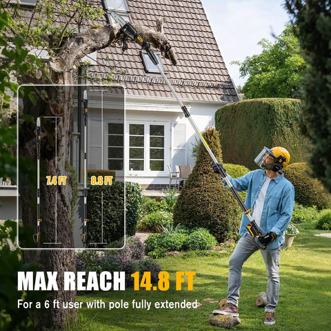 Man using Cordless Pole Saw With 20V Max Battery Compatibility, 14.8 Ft Reach Electric Pole Saw trimming a tree