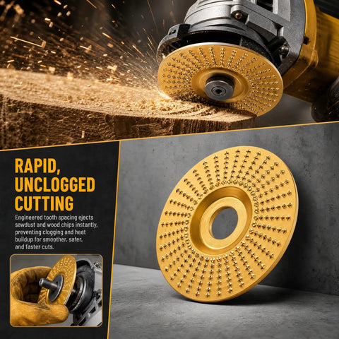 Three Piece Wood Carving Disc Kit For Angle Grinders Four Inch And Four Point Five Inch Tungsten Carbide Cutting Wheels in action
