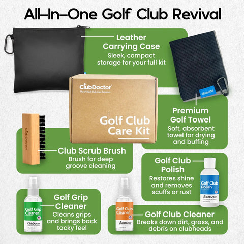 Complete Golf Club Care Kit Clean, Polish, And Restore Irons, Drivers, And Putters With Scratch, Scuff, And Rust Remover, Grip Cleaner, Club Cleaner, And Polish With case and towel
