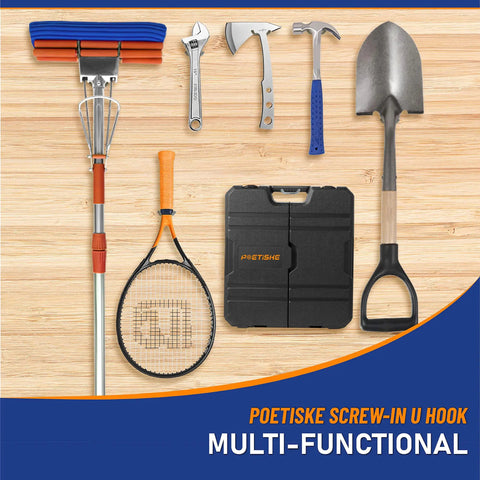 Heavy Duty Screw In U Utility Hooks Wall Mount Garage Storage Organizer Set 16 Pack Vinyl Coated Hangers holding tools and gear