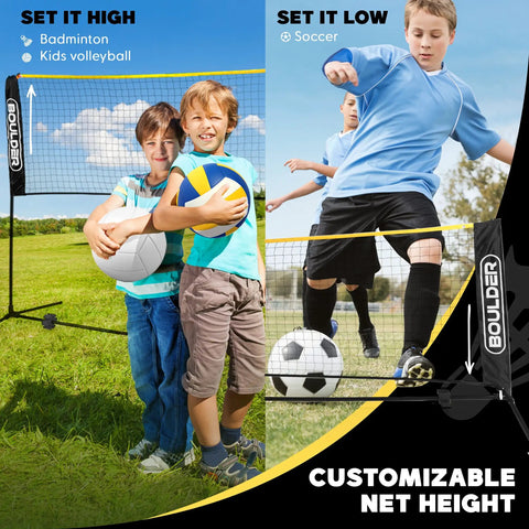 Children playing badminton and soccer with Portable 14 Foot Multi Sport Net For Badminton, Pickleball, Tennis And Soccer Tennis.