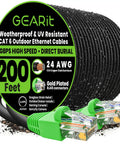 Outdoor Cat6 Ethernet Cable 200 Ft Direct Burial 24AWG with RJ45 network connectors and UV-resistant waterproof jacket, coiled view