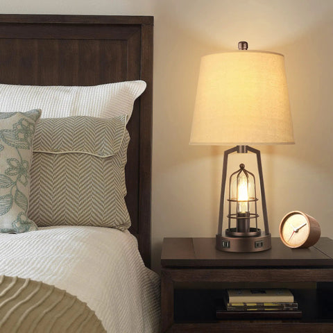 Farmhouse Bedside Lamp With Touch Control And Dimmable Lighting, Industrial Desk Lamp For Bedroom And Living Room, USB Charging Port