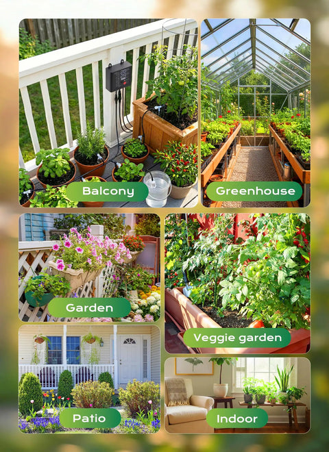 Collage of solar powered drip irrigation setup for balcony, greenhouse, garden, veggie garden, patio, and indoor use.