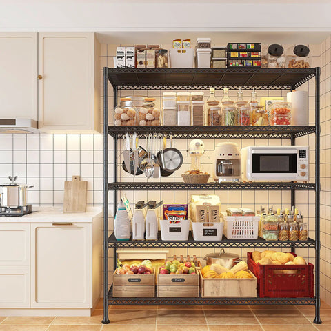 Five Tier Heavy Duty Wire Storage Shelves For Garage, Space Saving Unit With 1000 Lbs Capacity, Wide 45.8 Inch Shelving Rack, Easy Move Through Doorways, Sturdy Metal Garage Organizer For Tools, Supplies, And More, loaded in kitchen