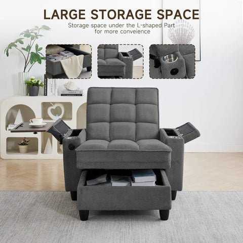 Gray tufted linen recliner with 360° swivel tray, cup holder, USB port, and storage. Big And Comfy Recliner With 360 Degree Swivel Tray Table Modern Tufted Linen Chair With Cup Holders And USB Port Heavy Duty 660 Lb Capacity For Living Room Home Theater Or Bedroom 41.7 Inch Wide