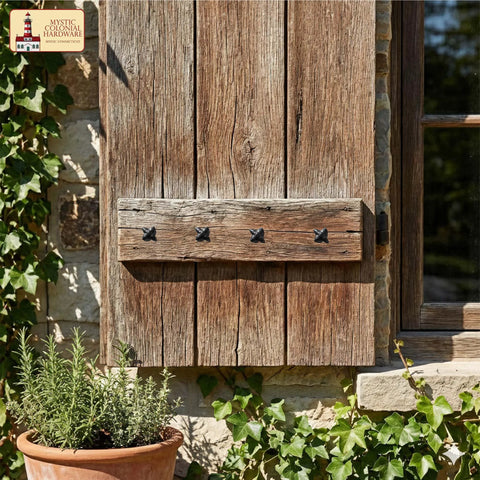 Rustic wooden shutter with Colonial Era Solid Cast Iron Decorative Nailhead Studs for doors, creating a vintage look