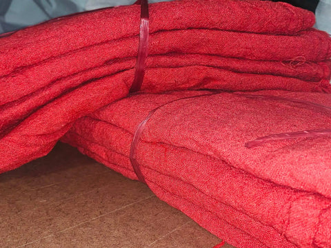 Red Shop Towels 200 Pack Heavy Duty Industrial Grade 13x14 Inches 100 Percent Cotton Rags For General Maintenance And Greasy Wipes Ideal For Auto Shop Mechanic Work displayed in folded stacks.