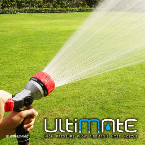 Heavy Duty Metal Fireman Hose Nozzle with Seven Spray Patterns High Pressure Garden Sprayer in use watering lawn