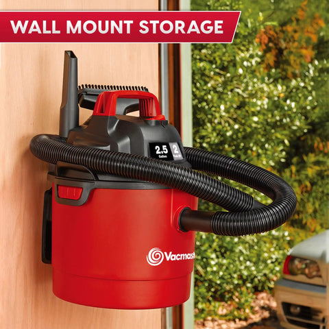 Pro Grade 2.5 Gallon Wet Dry Shop Vac Featuring Wall Mount Storage And Killer Suction Motor For Rapid Garage Sweeps Durable Carry Handle Design In Fiery Red mounted on wall.