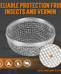 Close-up of RV Furnace Vent Screen Kit with stainless steel mesh and insect icons, focus keyword included, 2.8 x 1.3 inch.