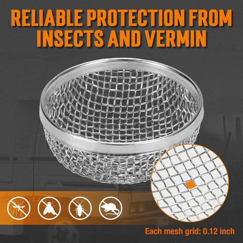 Close-up of RV Furnace Vent Screen Kit with stainless steel mesh and insect icons, focus keyword included, 2.8 x 1.3 inch.