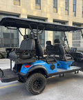 Smooth Operator Six Passenger Electric Golf Cart With Custom Paint Jobs 48V 105ah Lithium Battery 4kw Motor Front Disc Brakes Easy Cruise Control And Large Touchscreen, side view showcasing seats and sleek design.