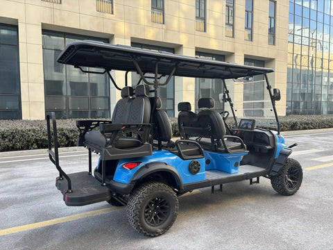 Smooth Operator Six Passenger Electric Golf Cart With Custom Paint Jobs 48V 105ah Lithium Battery 4kw Motor Front Disc Brakes Easy Cruise Control And Large Touchscreen, side view showcasing seats and sleek design.