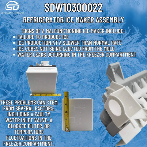 Ice Maker Assembly Replacement For Specific Refrigerator Models W10300022 And W10122556 showing size and details