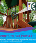 Captain Ship Wheel Swing Set Accessory mounted on a wooden playset, demonstrating 20 inch rotating wheel for realistic sailing fun.
