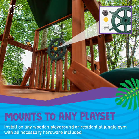 Captain Ship Wheel Swing Set Accessory mounted on a wooden playset, demonstrating 20 inch rotating wheel for realistic sailing fun.