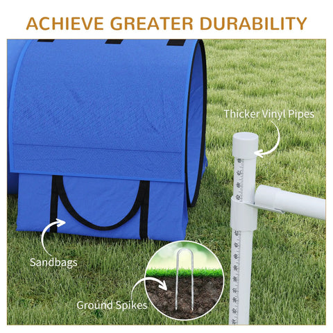 7 Piece Dog Agility Training Set For Backyard Fun, With Weave Poles, Tunnels, Adjustable Hurdles, Jump Ring, Pause Box, Whistle, Blue