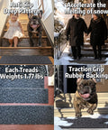 Collage of 6 Piece 8.5 Inch By 30 Inch Non Slip Stair Treads on steps with bulldog, emphasizing grip and heat insulation in gray stone.