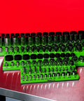 Magnetic Socket Organizer For One Quarter, Three Eighths And One Half Inch Drive SAE Sockets, Holds Up To One Hundred Twenty Three Sockets, Green Gearhead Must Have For A Clean, Streamlined Workshop on a metal surface