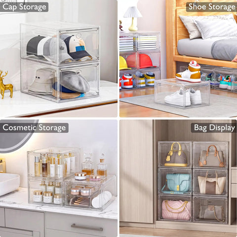 Game Changer Six Pack Clear Shoe Organizers With Snappy Magnetic Doors And Fully Stackable Build for versatile cap, shoe, cosmetic, and bag storage.
